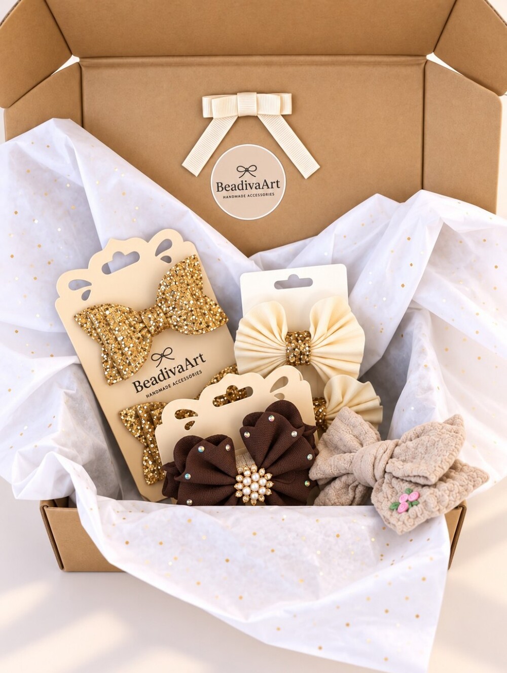 Girls' Hair Bow Gift Set — Cream, Gold & Brown (6 Pieces)
